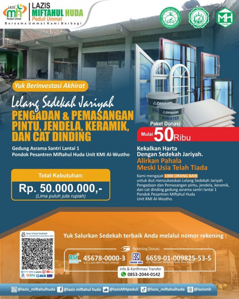LELANG SEDEKAH JARIYAH PENGADAAN & PEMASANGAN PINTU, JENDELA, KERAMIK, DAN CAT DINDING GEDUNG ASRAMA SANTRI LANTAI 1 Pondok Pesantren Miftahul Huda Unit KMI Al-Wustho
